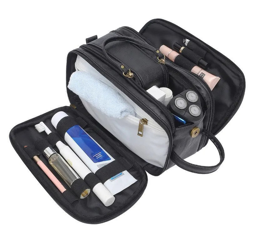 Men's black and brown water-resistant PU toiletry travel bag with zipper closure