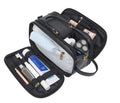 Men's black and brown water-resistant PU toiletry travel bag with zipper closure