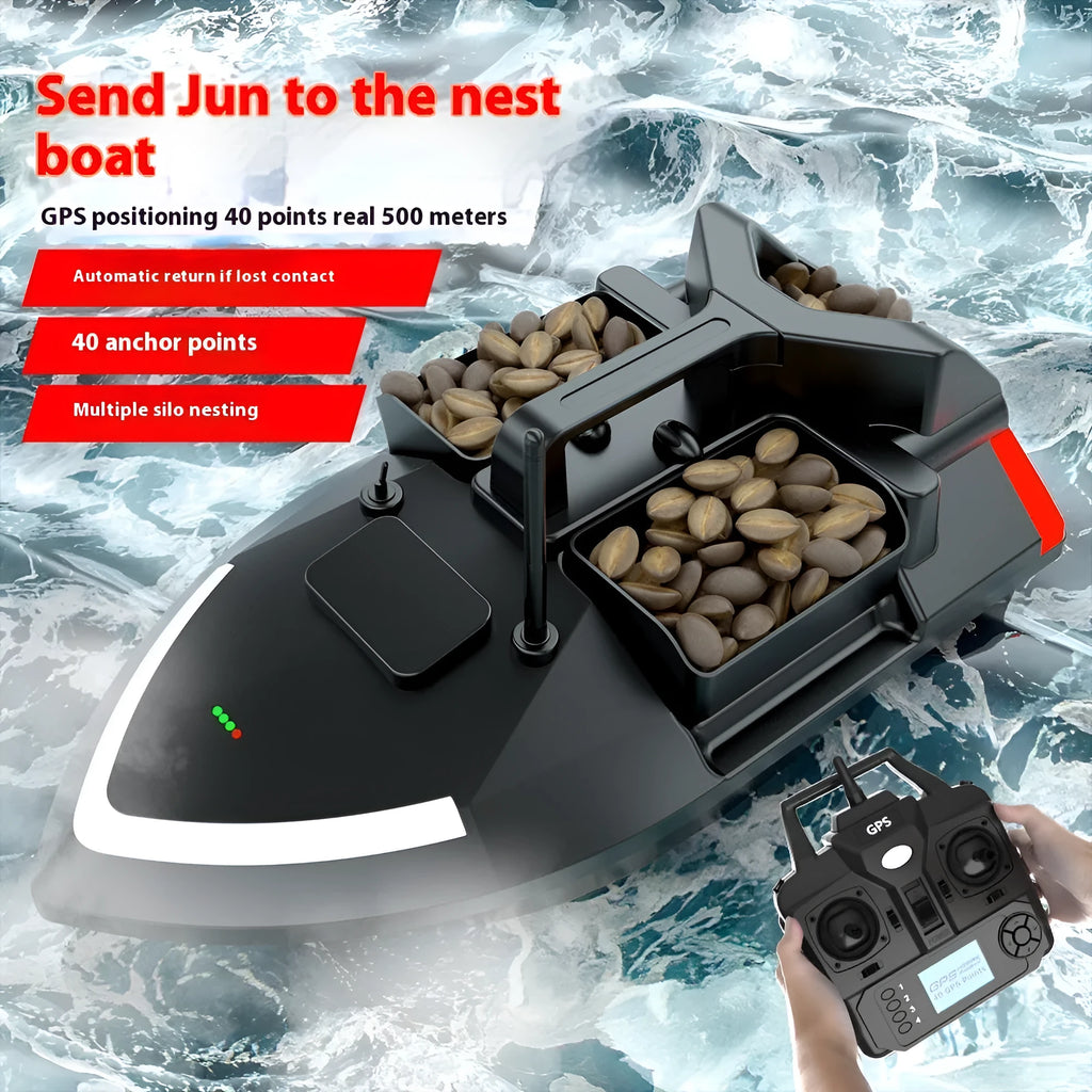 GPS remote control fishing boat in black with LED light and remote controller