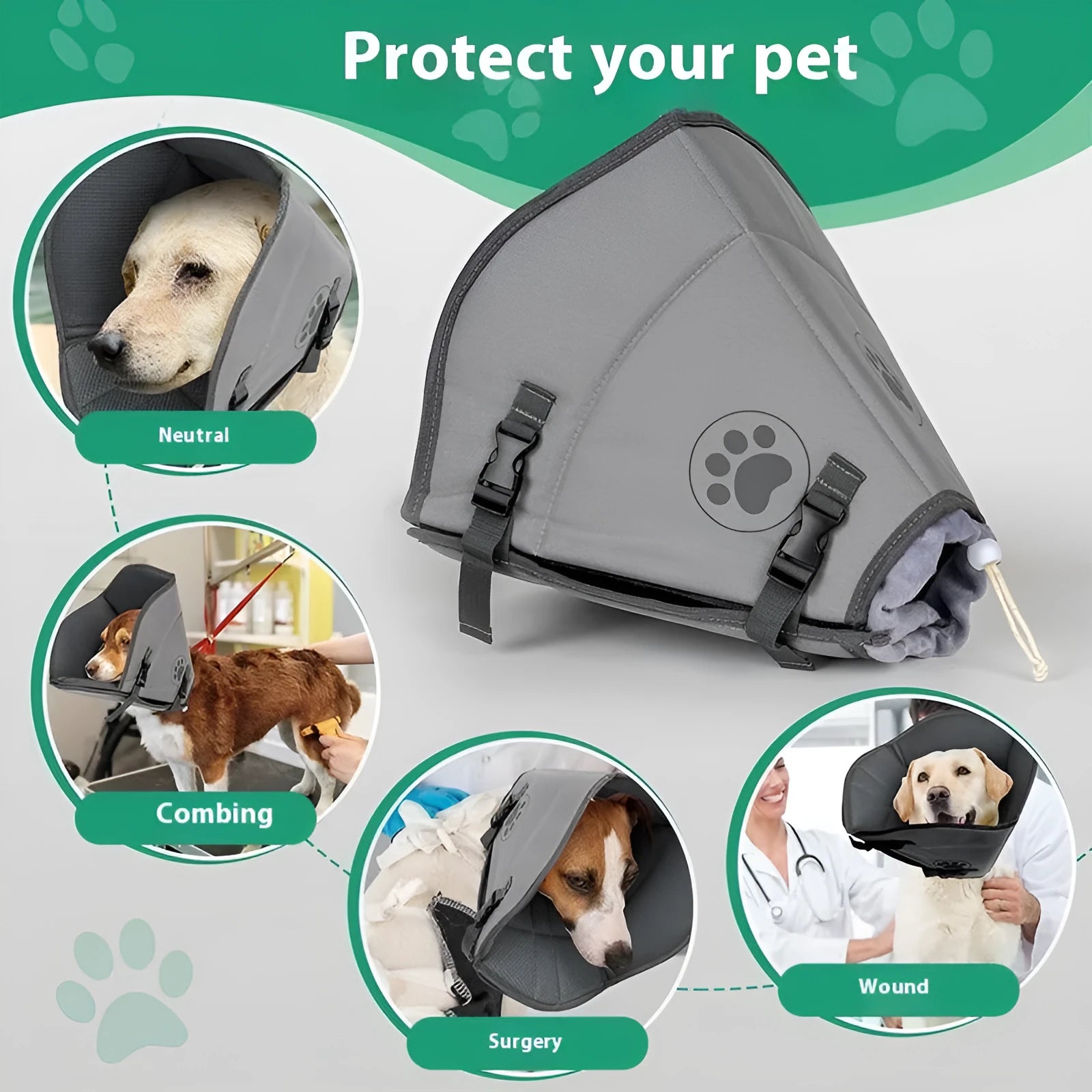 Soft grey adjustable polyester protective collar ring for a dog or cat post-surgery.