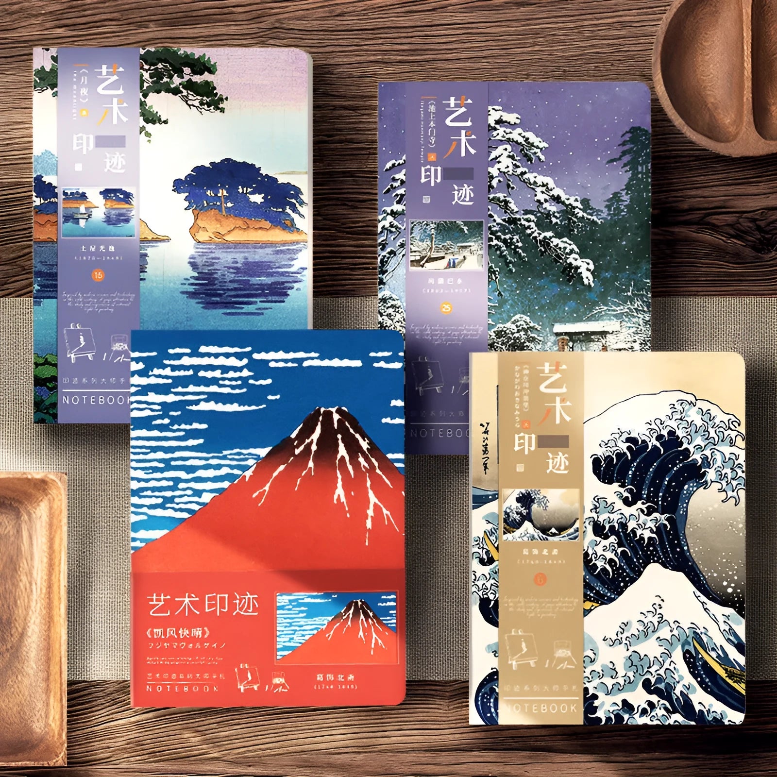 Ukiyo-e art hand ledger notebook showing Kanagawa surfing village retro cover design