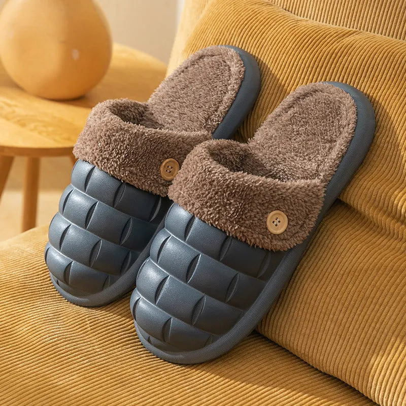 Plaid detachable EVA house slippers with plush lining, shown in assorted colours.