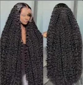 Black lace front Afro wig with small roll wound tube construction and long curly hair with side bangs