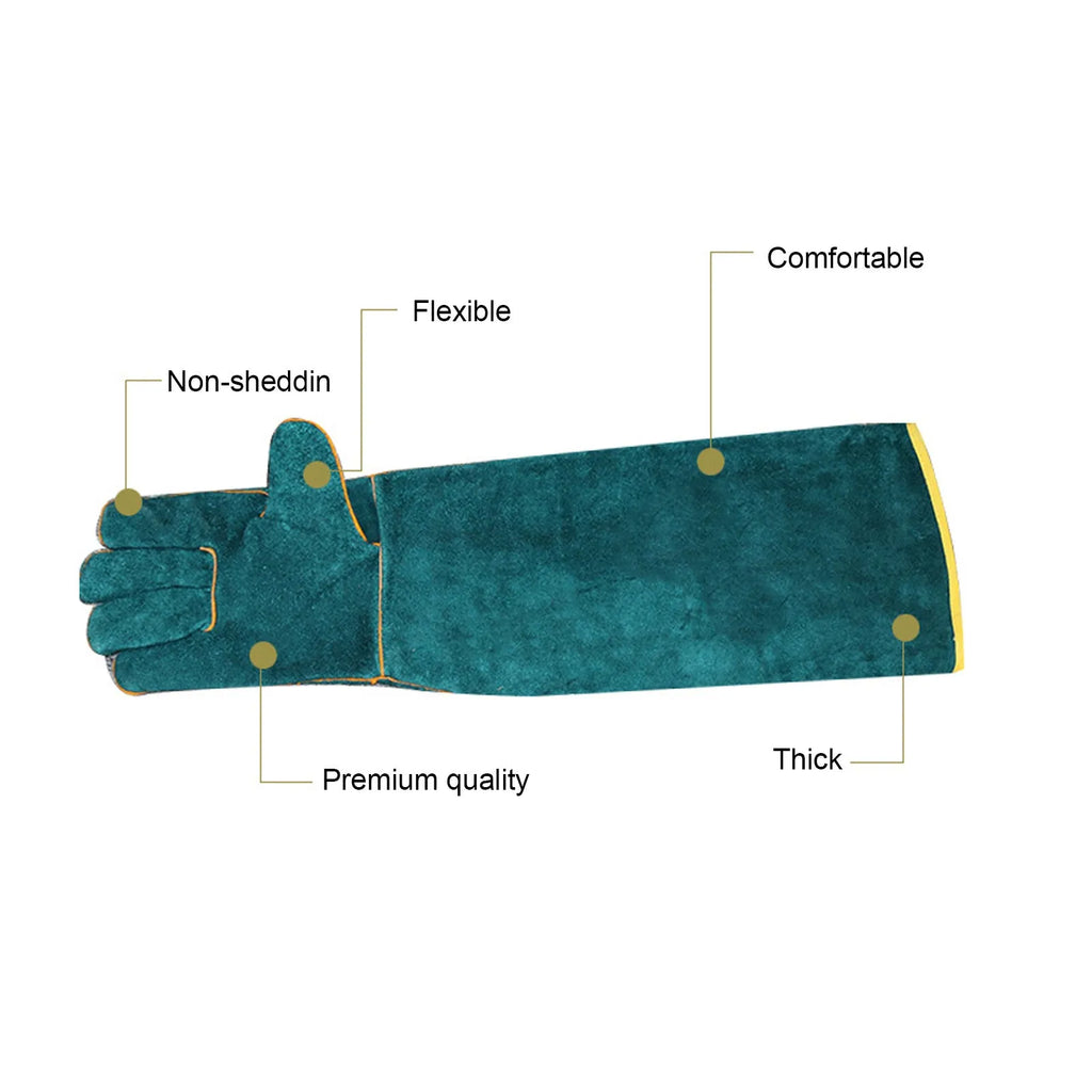A pair of dark green, long-cuff leather animal handling gloves with a cotton lining for bite and scratch protection.