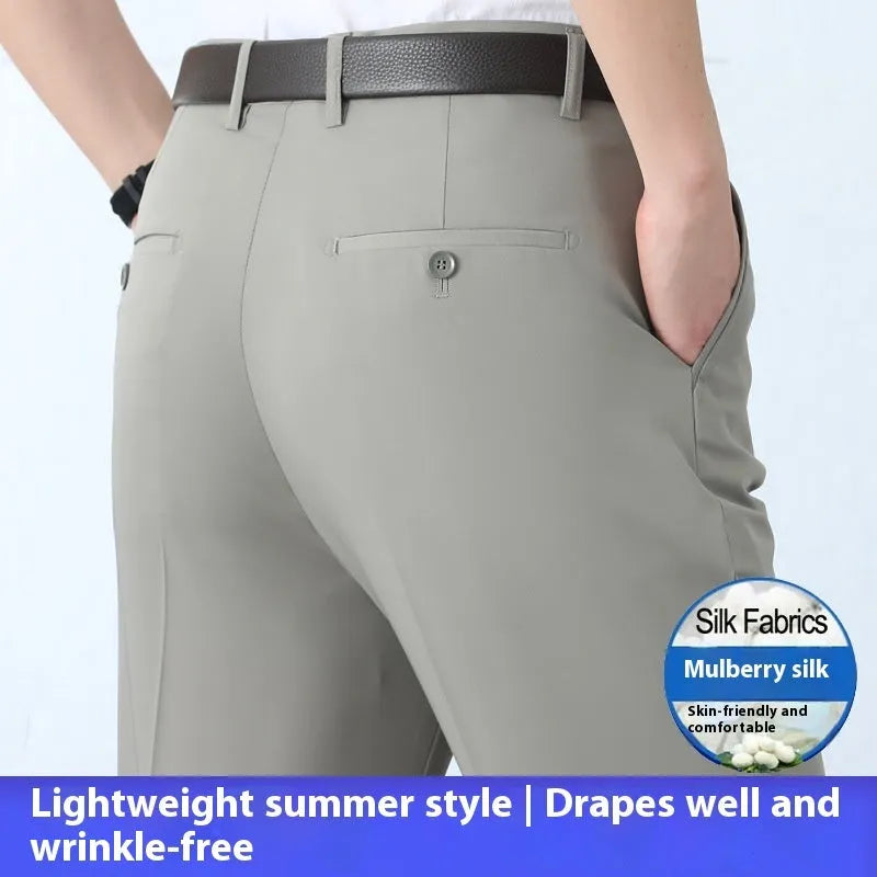 Men's straight-leg business trousers with high waist in mulberry silk blend fabric
