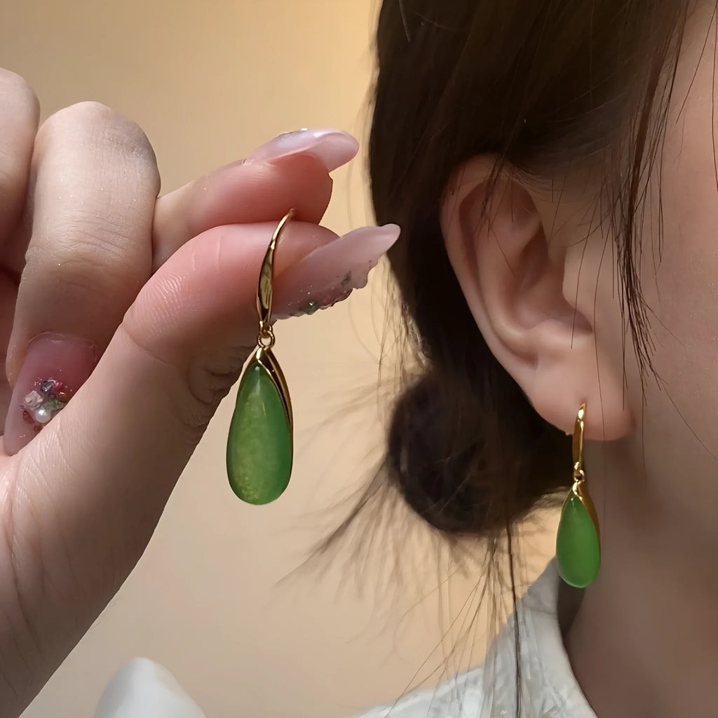 Retro Chinese banquet geometric earrings with jade colour water droplet design
