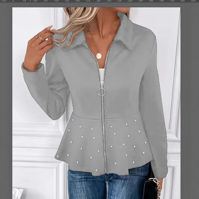 Women's black coat with heavy-duty zipper and ruffled hem in loose fit design