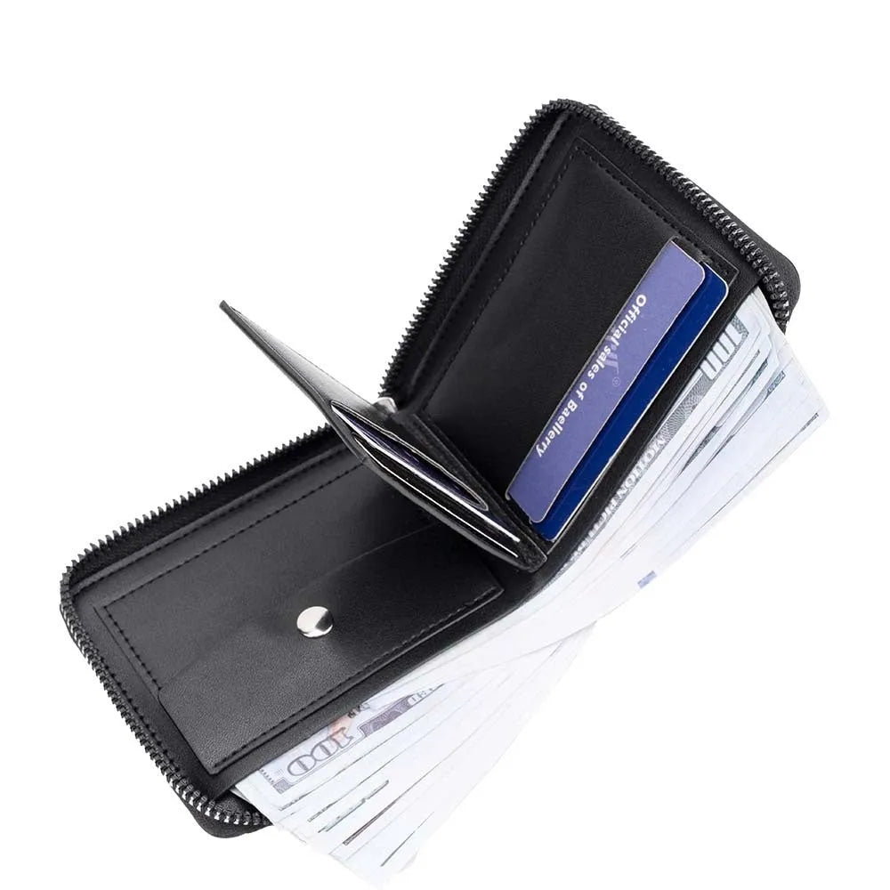 Black PU leather anti-theft zipper wallet with embossed design and closed zipper.