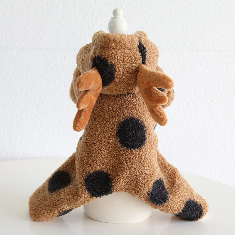 Dog or cat wearing a casual cloth garment with a large polka dot and elk couple print, shown in both four-legged and skirt styles.