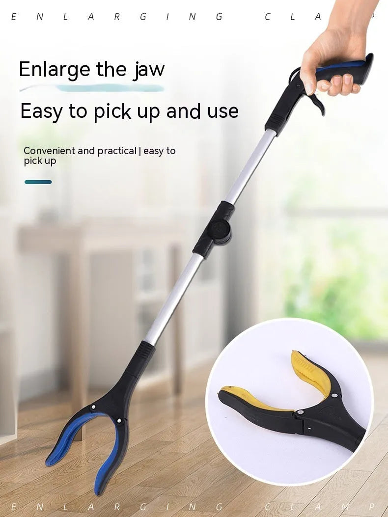 Silver folding aluminium garbage pick-up clamp with magnet and blue handle extended to 80cm.