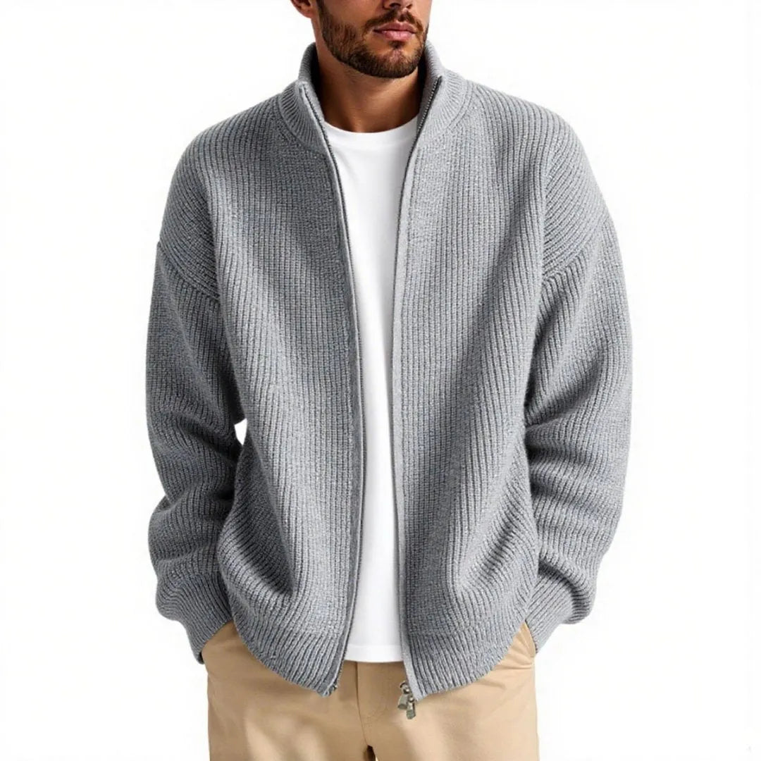 Men's loose-fit cardigan sweater coat in a grey colour, shown as a casual base layer.