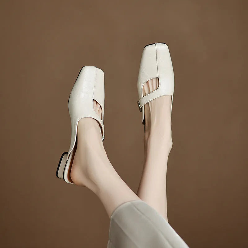 British style square head low heel slippers in artificial PU with imitation leather lining