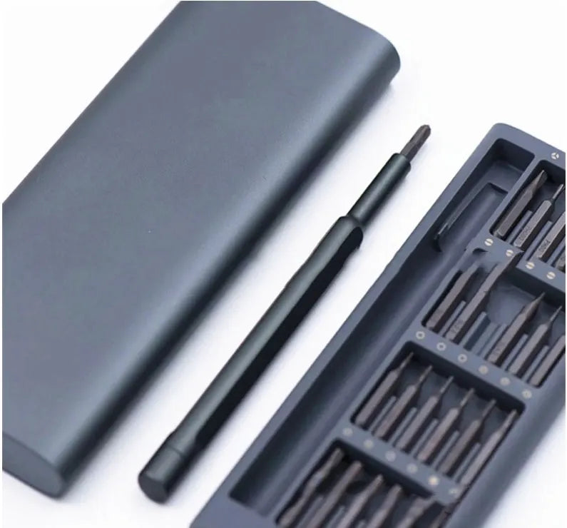 24 in 1 S2 steel precision screwdriver set with gray aluminum handle and magnetic bits