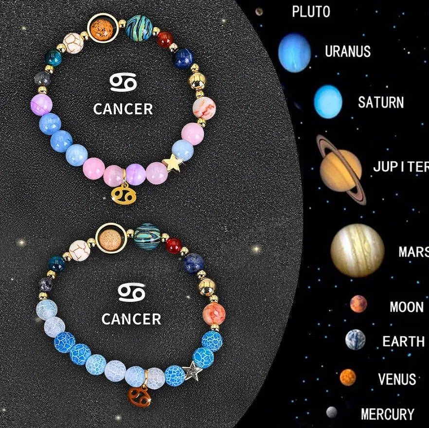 Two natural stone beaded bracelets showing zodiac sign designs on a wooden surface.