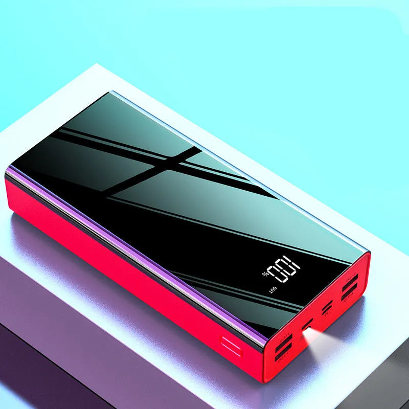 Black and red 40000 mAh power bank showing LCD display with dimensions 156x82x41 mm