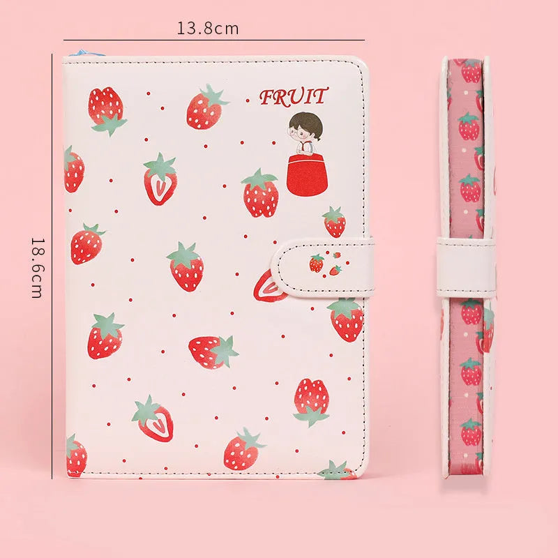 Fruit print notebook planner with magnetic buckle, imitation leather cover, kawaii illustration, A6 size 18.6x13.8cm