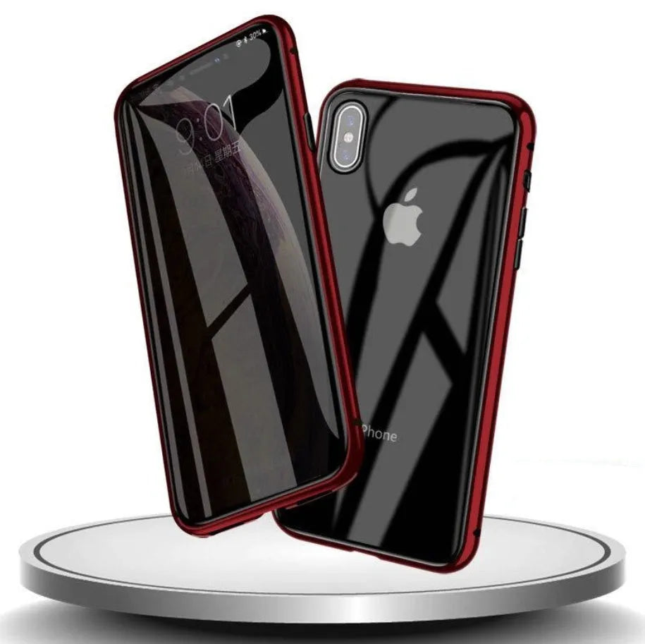 Black glass anti-spy clamshell privacy case for iPhone, shown open and closed.