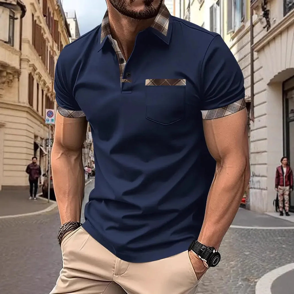Men's plaid colourblock T-shirt with short sleeves and zipper decorations on front