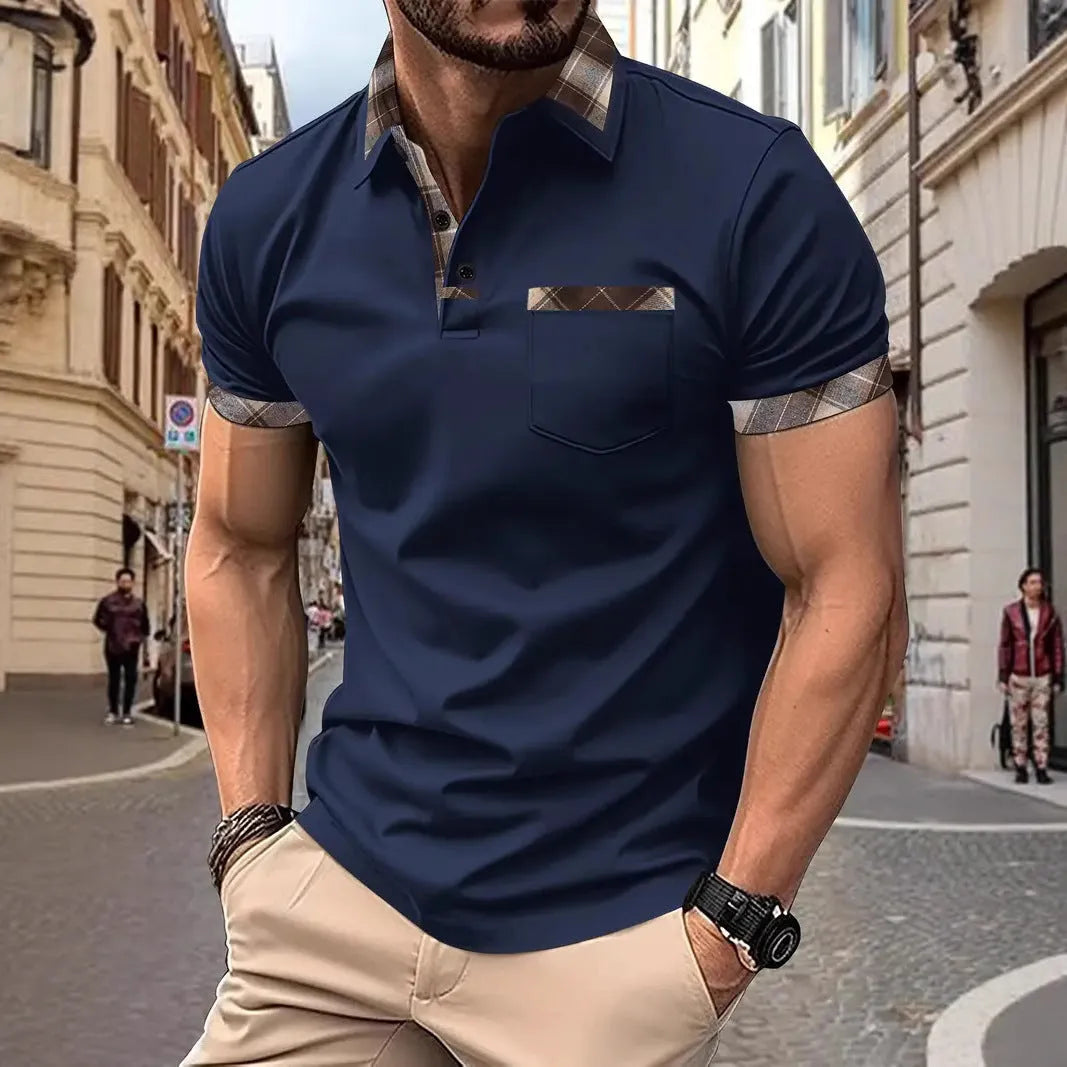 Men's plaid colourblock T-shirt with short sleeves and zipper decorations on front