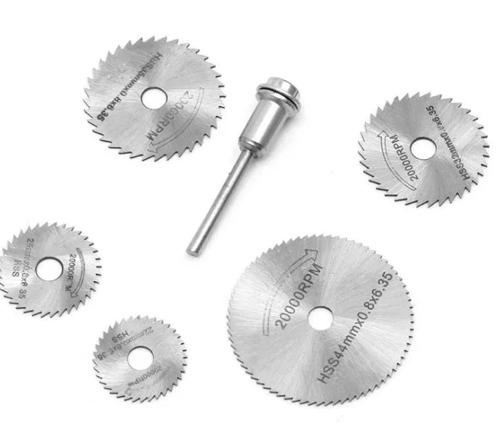 Set of 6 circular saw blades with mandrel, high-speed steel construction with 15mm inner diameter