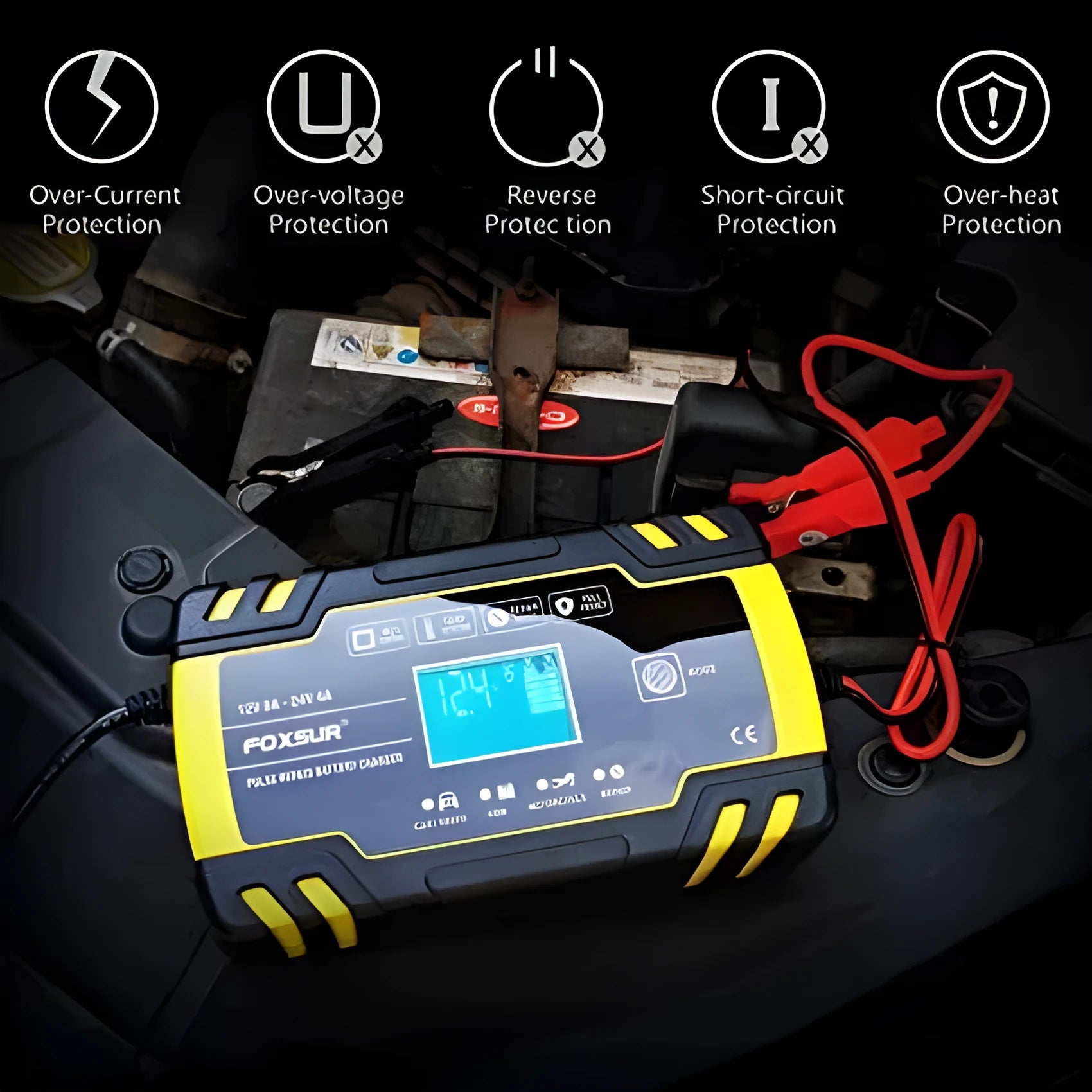 Yellow automatic battery charger 12V 24V for cars and motorcycles with 100-240V input