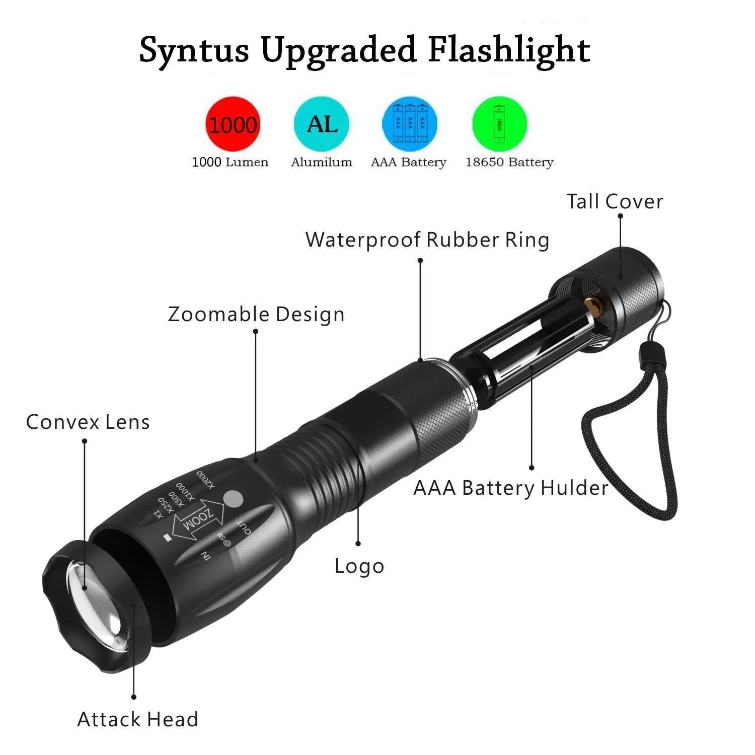 Black aluminum alloy zoom flashlight with adjustable head for focus, shown with beam reaching into distance.