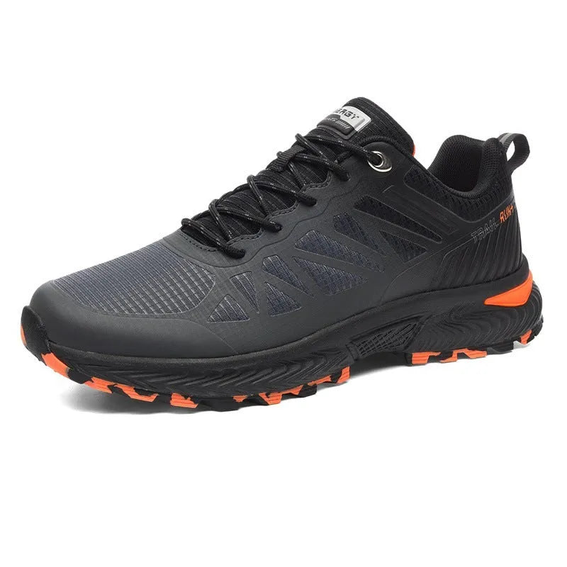 Men's black and orange mesh running shoes with round toe and lace-up front