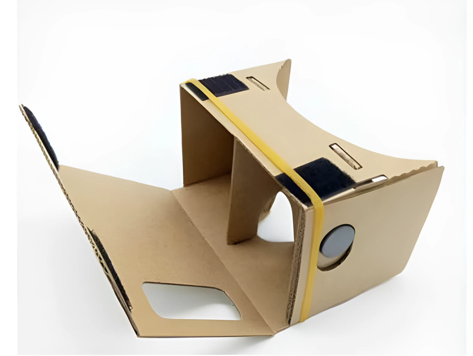 VR cardboard glasses kit with pink frame, 3D lenses, rubber band strap, and magnet for 6-inch phones.