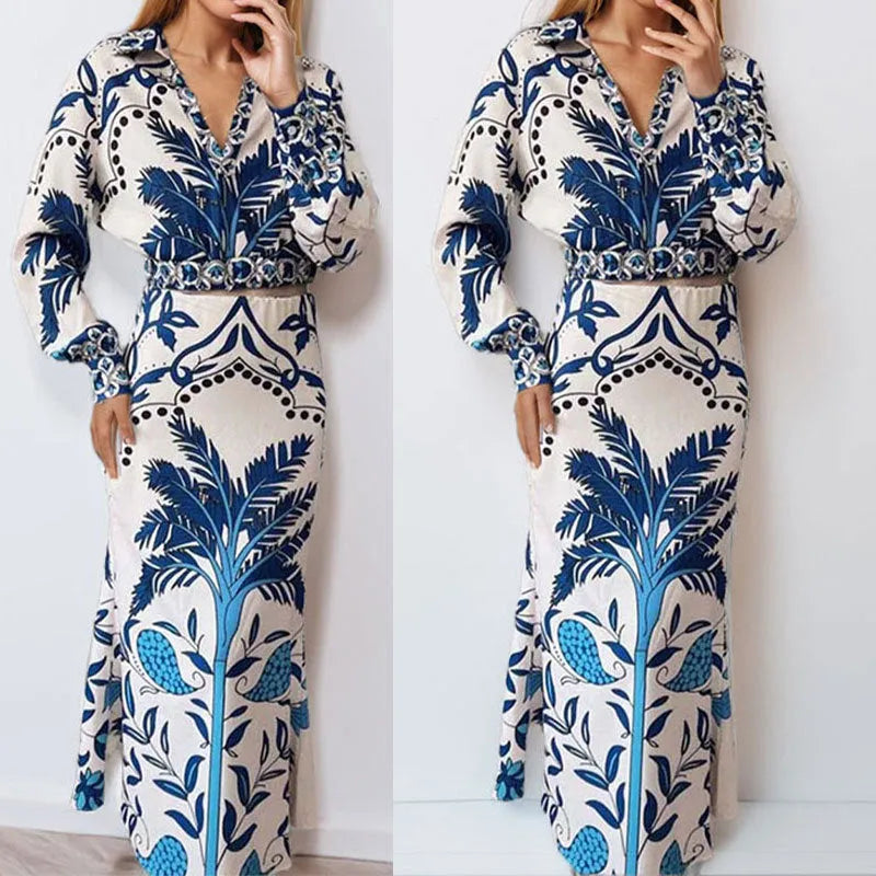 Women's early spring casual outfit set with long sleeve top and long skirt in picture colour.