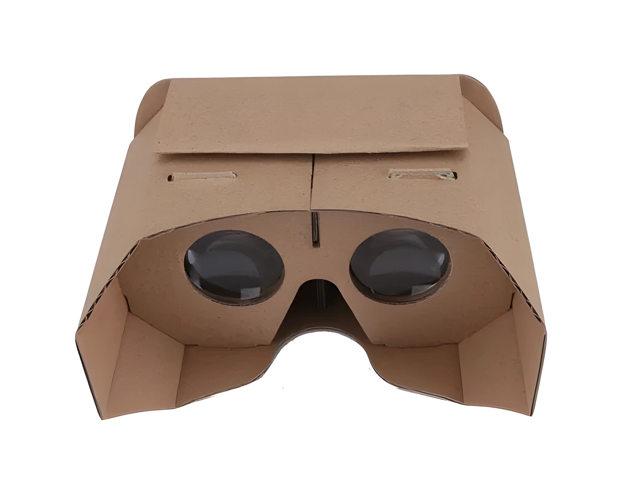 Corrugated cardboard virtual reality glasses for smartphones showing 3D content.