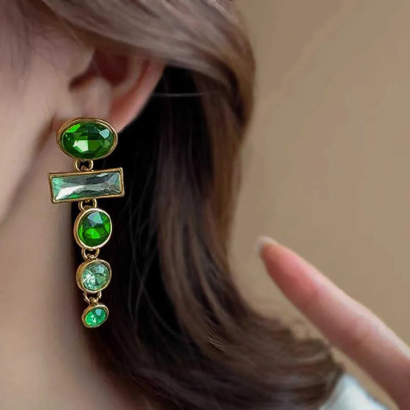 Green gradient geometric Chinese style earrings with tassel design and zircon decoration