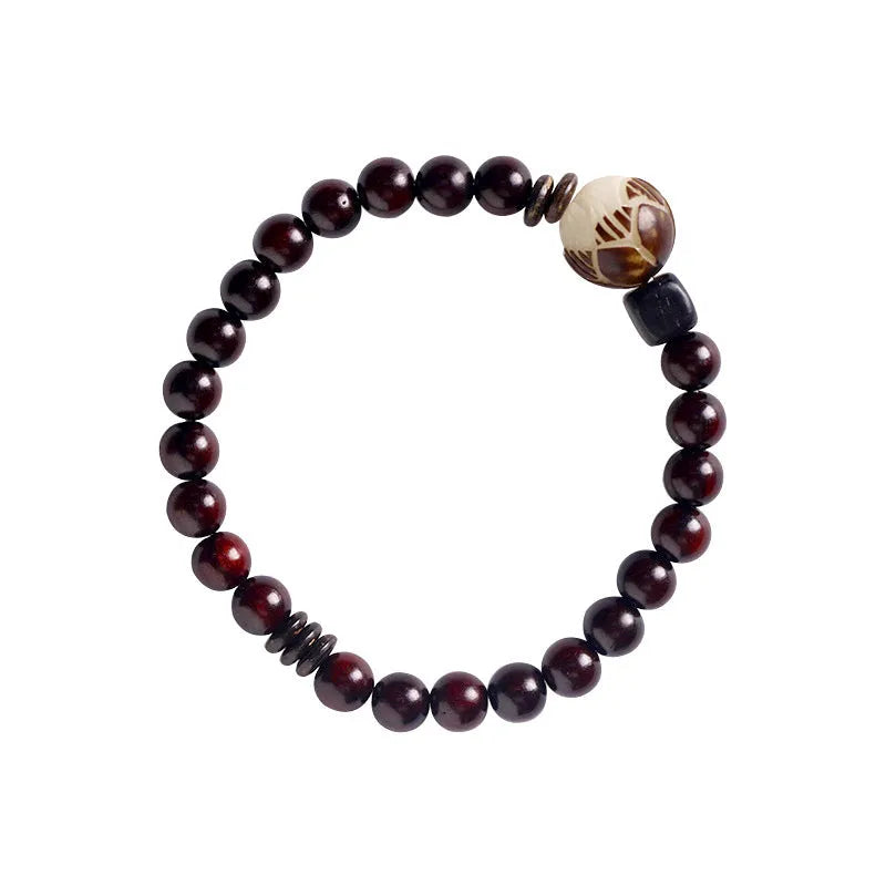 Natural rosewood double-ring bracelet with 10mm flower-shaped beads and hand-knitted construction