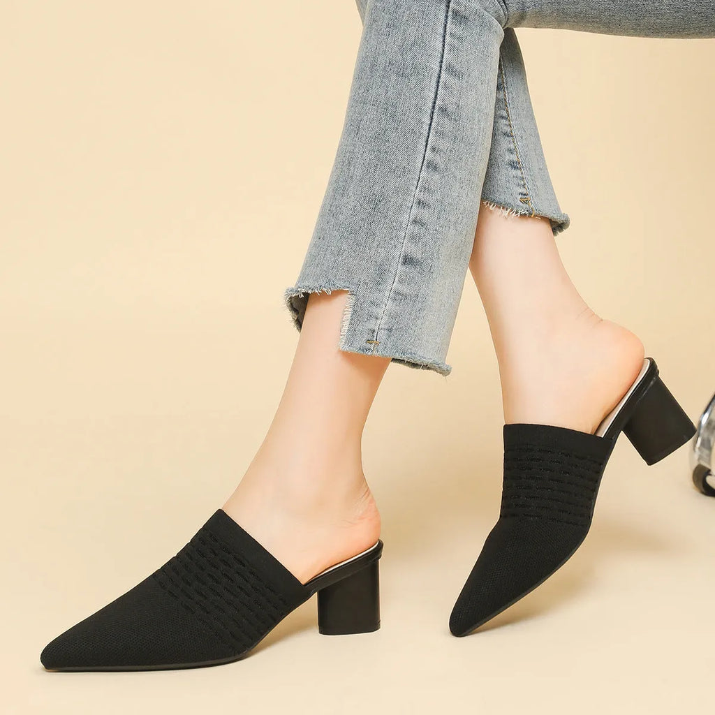 Women's pointed toe cap sandals with a 5cm chunky heel in a fabric upper and rubber sole.