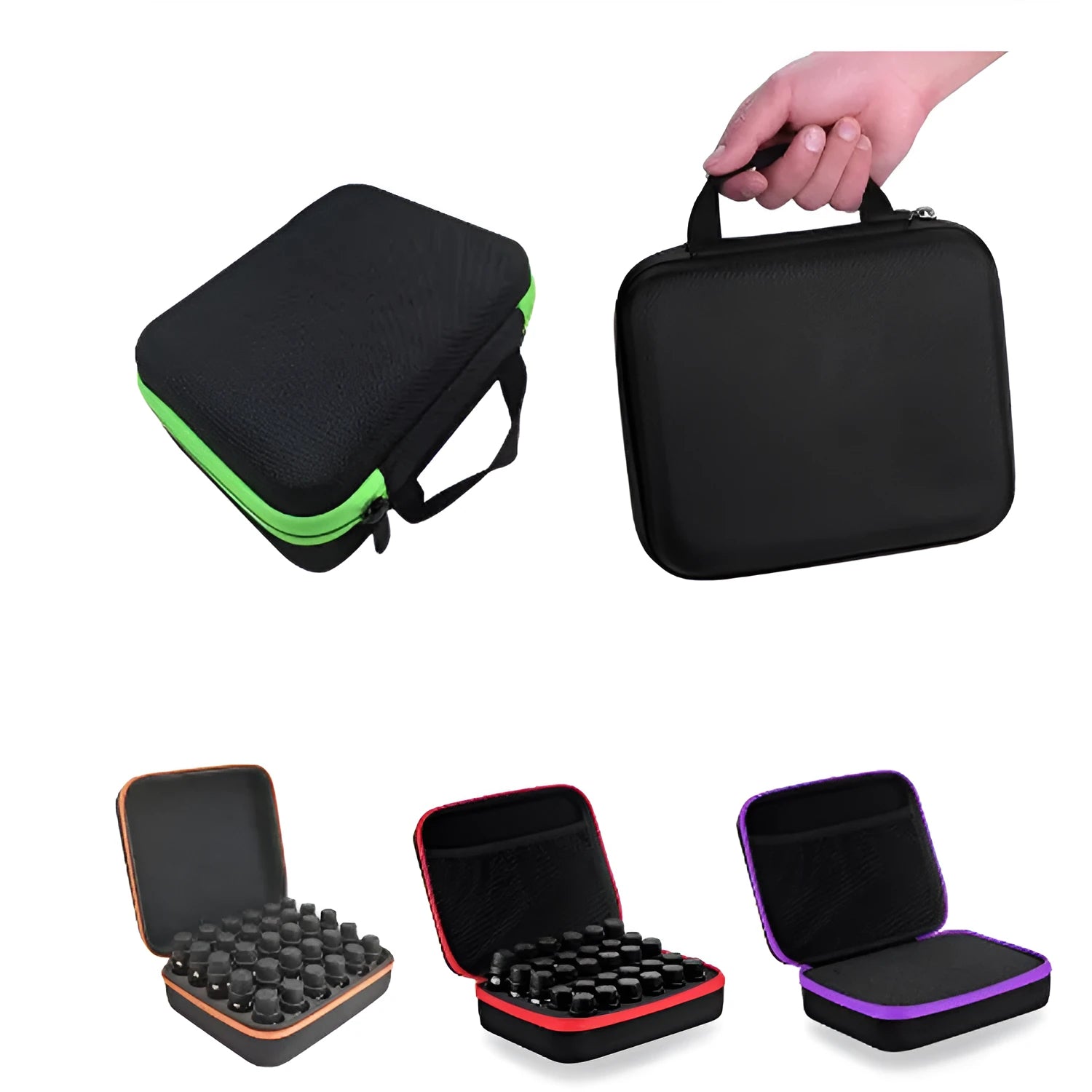 Red EVA essential oil storage bag with 30 open compartments for 15ml bottles.