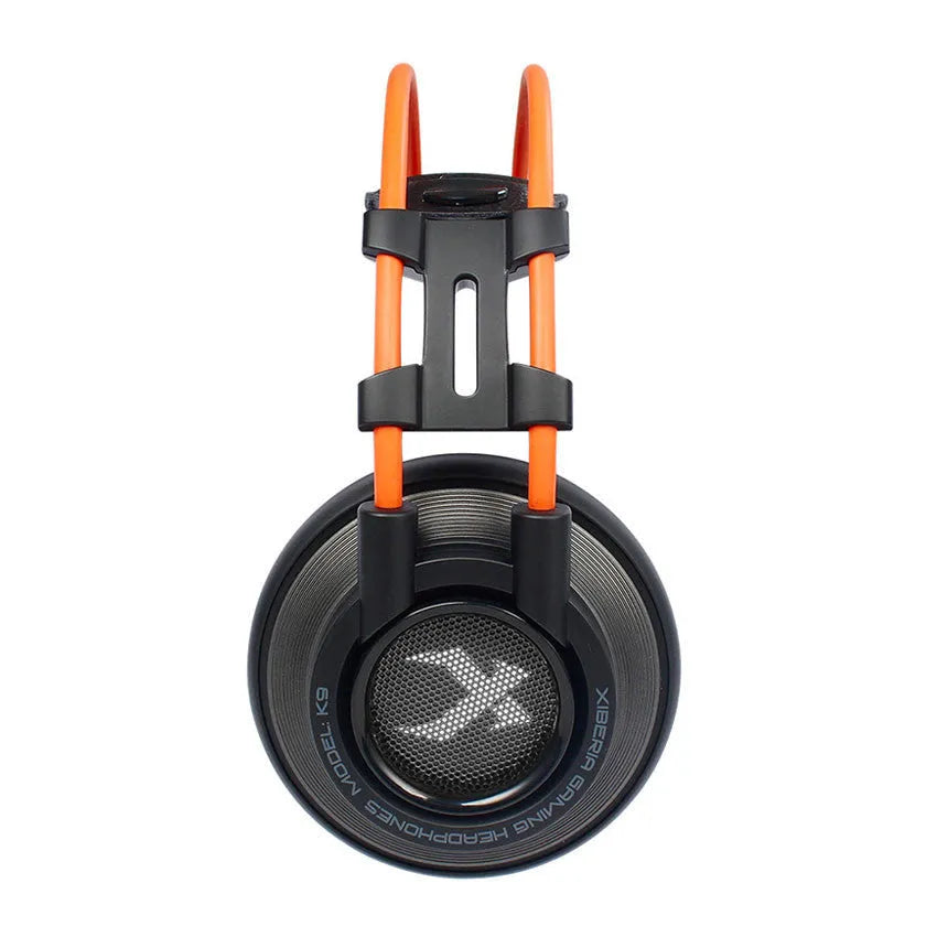 K9 wired gaming headset with headband, 3.5mm plug, and noise cancelling microphone in black and orange