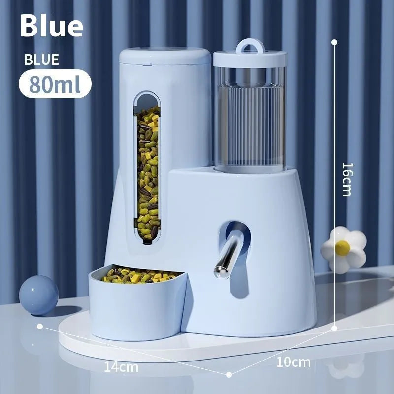 White, blue, and pink hamster automatic water feeder and food bowl in large and small sizes.