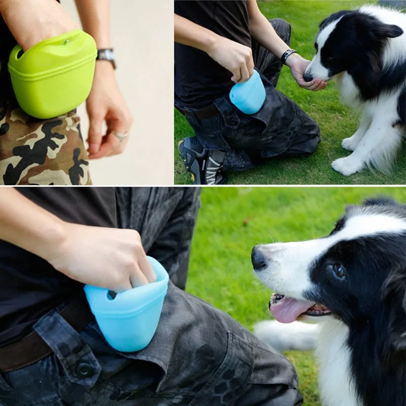 A silicone dog training treat pouch with a clip and magnetic closure, shown in one of six colour options.
