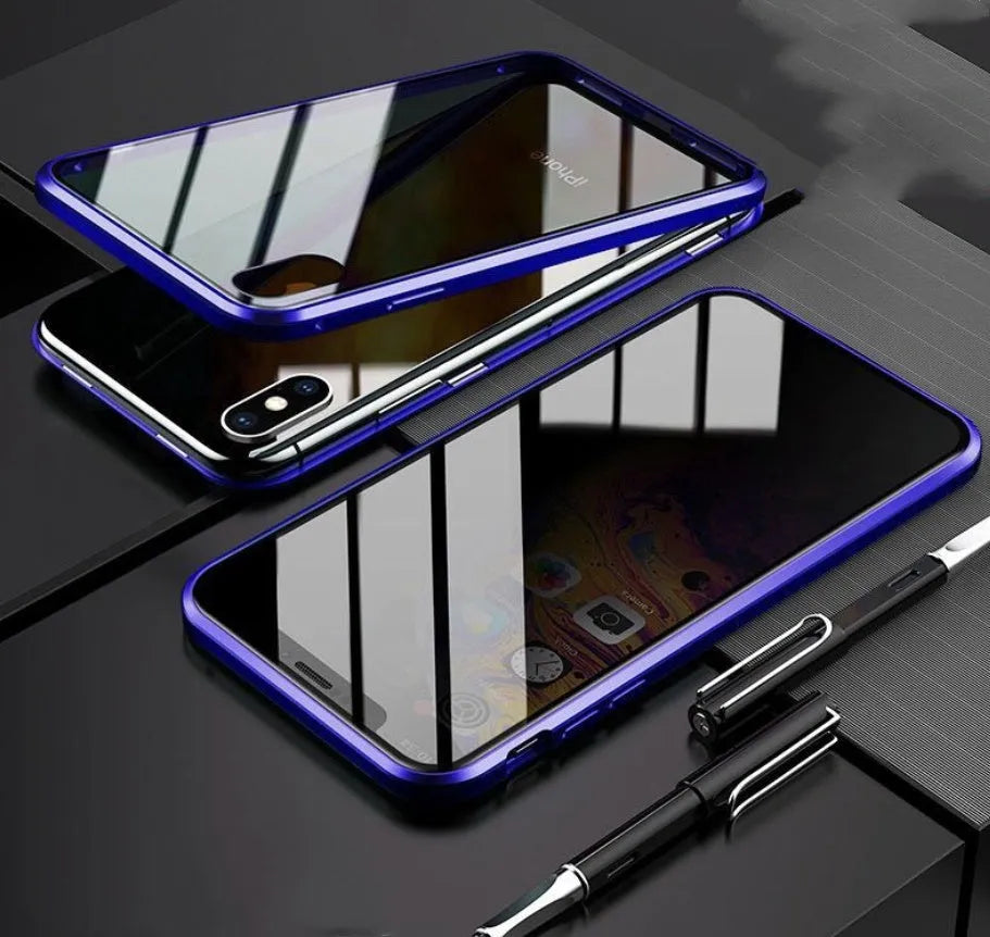 Black glass anti-spy clamshell privacy case for iPhone, shown open and closed.