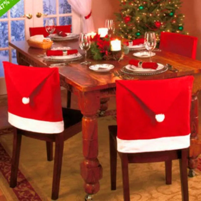 Christmas chair cover set showing Santa Claus and Snowman designs sized 51cm by 48cm with Santa hats measuring 60cm by 50cm