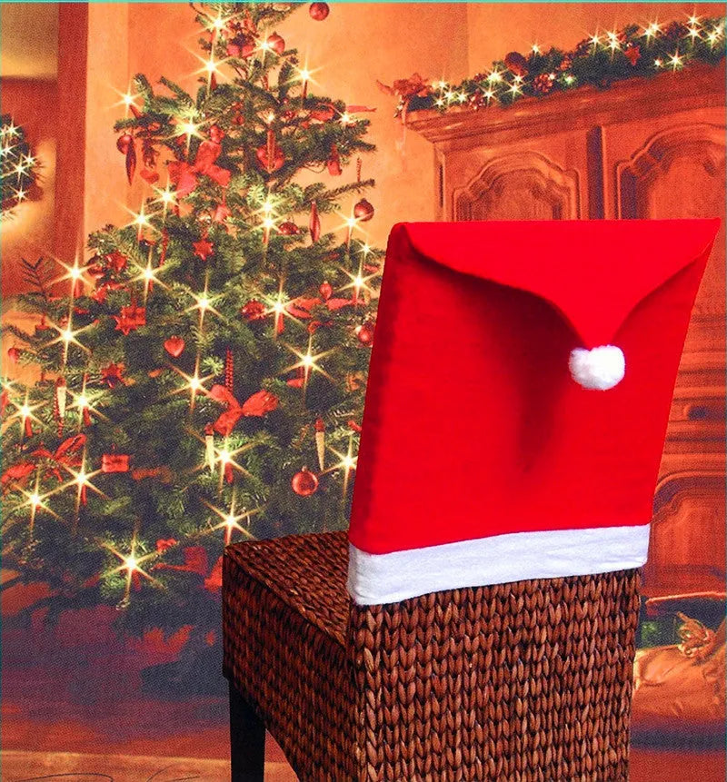 Christmas chair cover set showing Santa Claus and Snowman designs sized 51cm by 48cm with Santa hats measuring 60cm by 50cm
