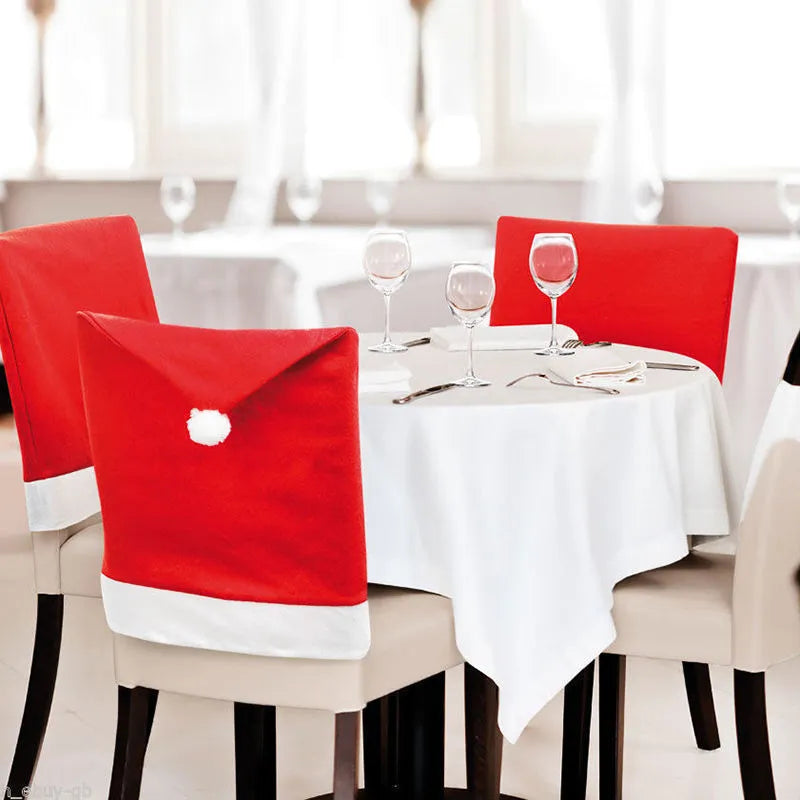 Christmas chair cover set showing Santa Claus and Snowman designs sized 51cm by 48cm with Santa hats measuring 60cm by 50cm