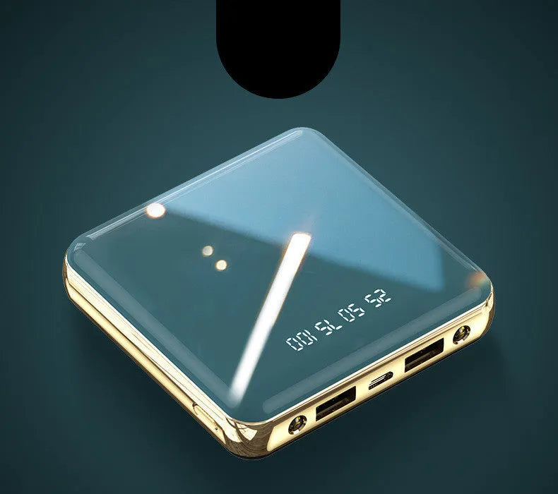 Compact blue portable power bank with 20000mAh capacity and multiple USB ports on a white background.