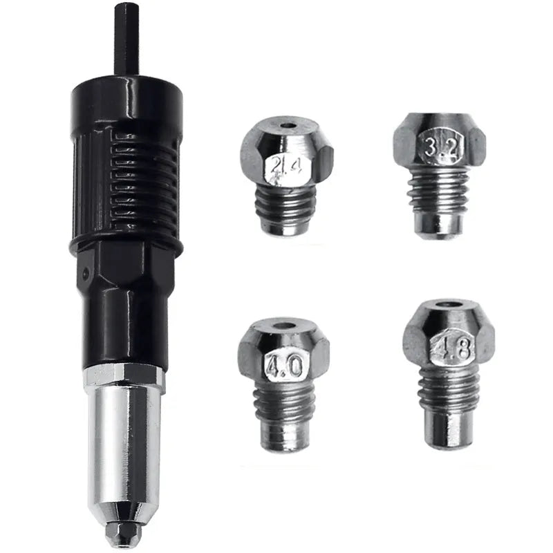 Black metal electric drill rivet gun attachment with alloy steel head, 173mm long, shown with handle and wrench.