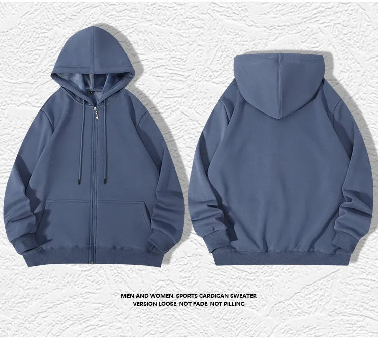 Men's heavyweight zip hooded sweater in charcoal grey showing front kangaroo pockets and adjustable hood