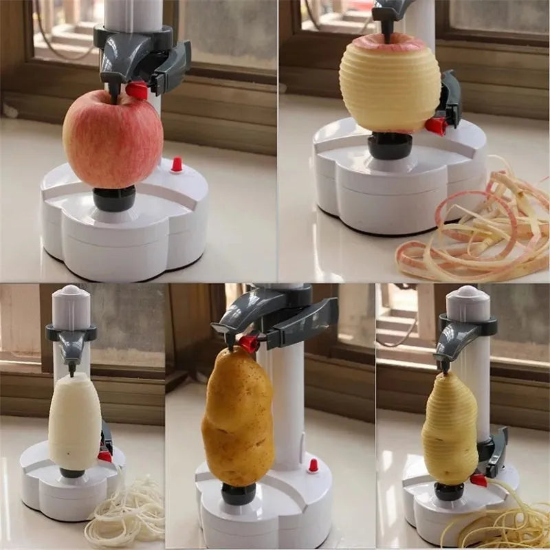 Multifunction electric peeler with stainless steel blades, white body, and non-slip base on a kitchen worktop