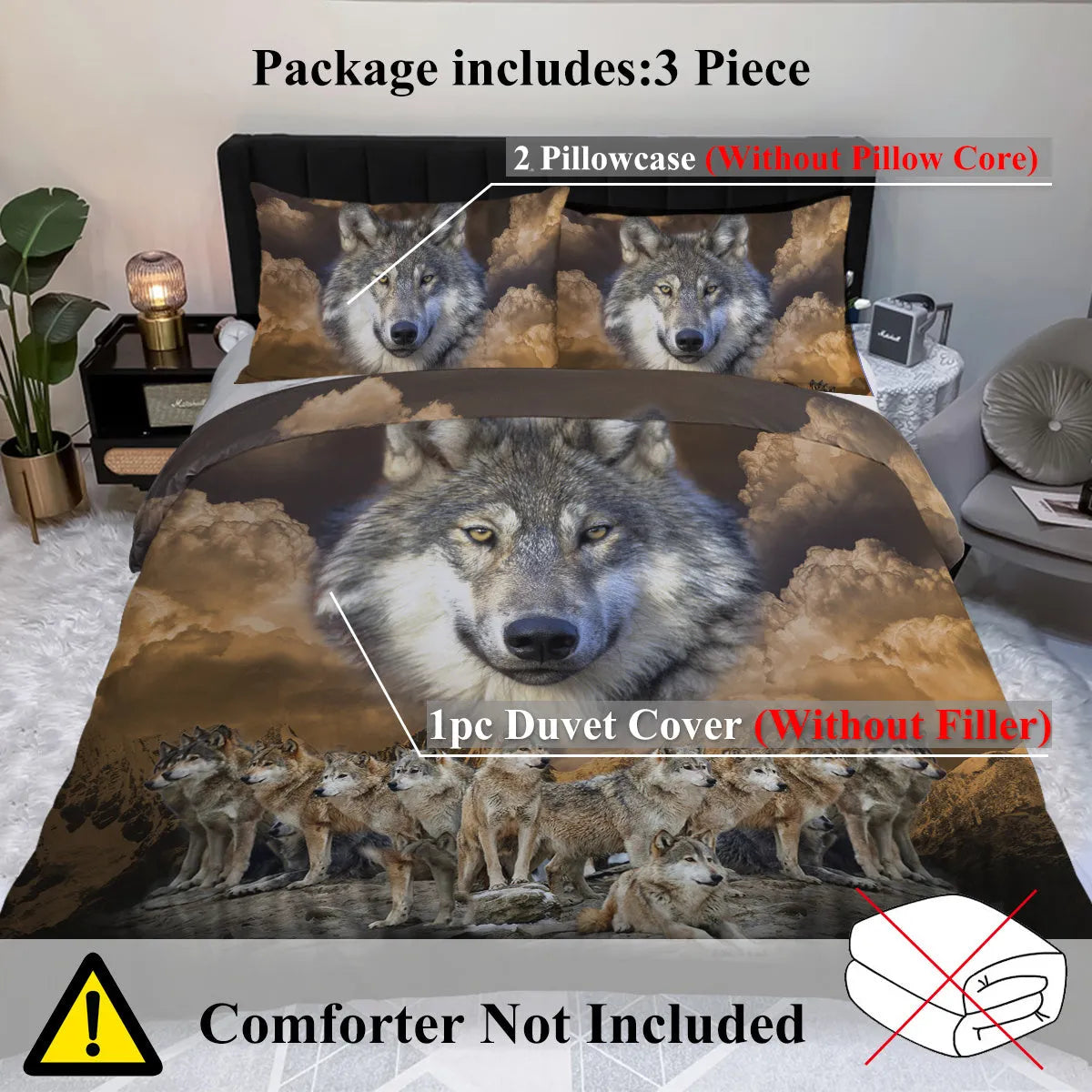 Brown 3D printed wolf pack duvet set with two pillow shams on a bed