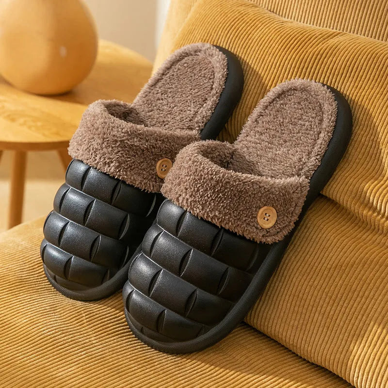 Plaid detachable EVA house slippers with plush lining, shown in assorted colours.