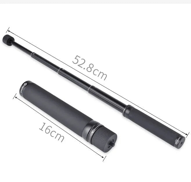 Black retractable metal selfie stick with hand-held stabilizer extended for smartphone photography