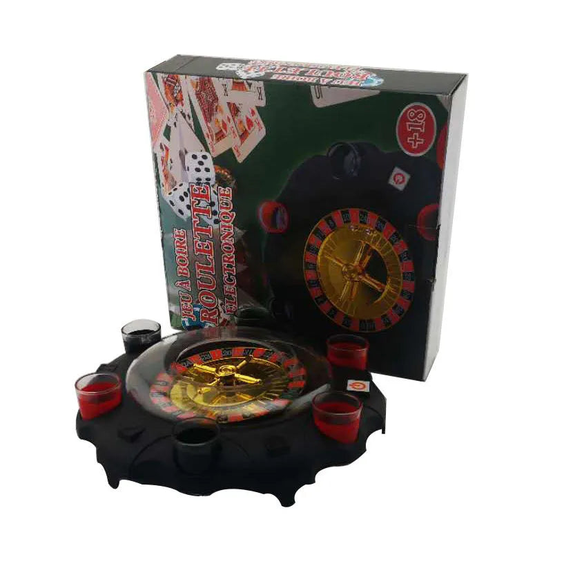 Electric Russian lucky wheel roulette wine set with spinning turntable, six glass shot glasses, and two steel balls on a table