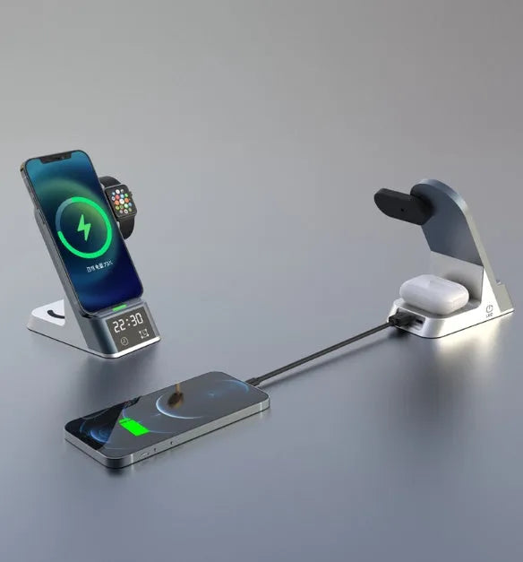 Black six-in-one wireless charging alarm clock with phone pad, Apple Watch dock, and earphone cradle.